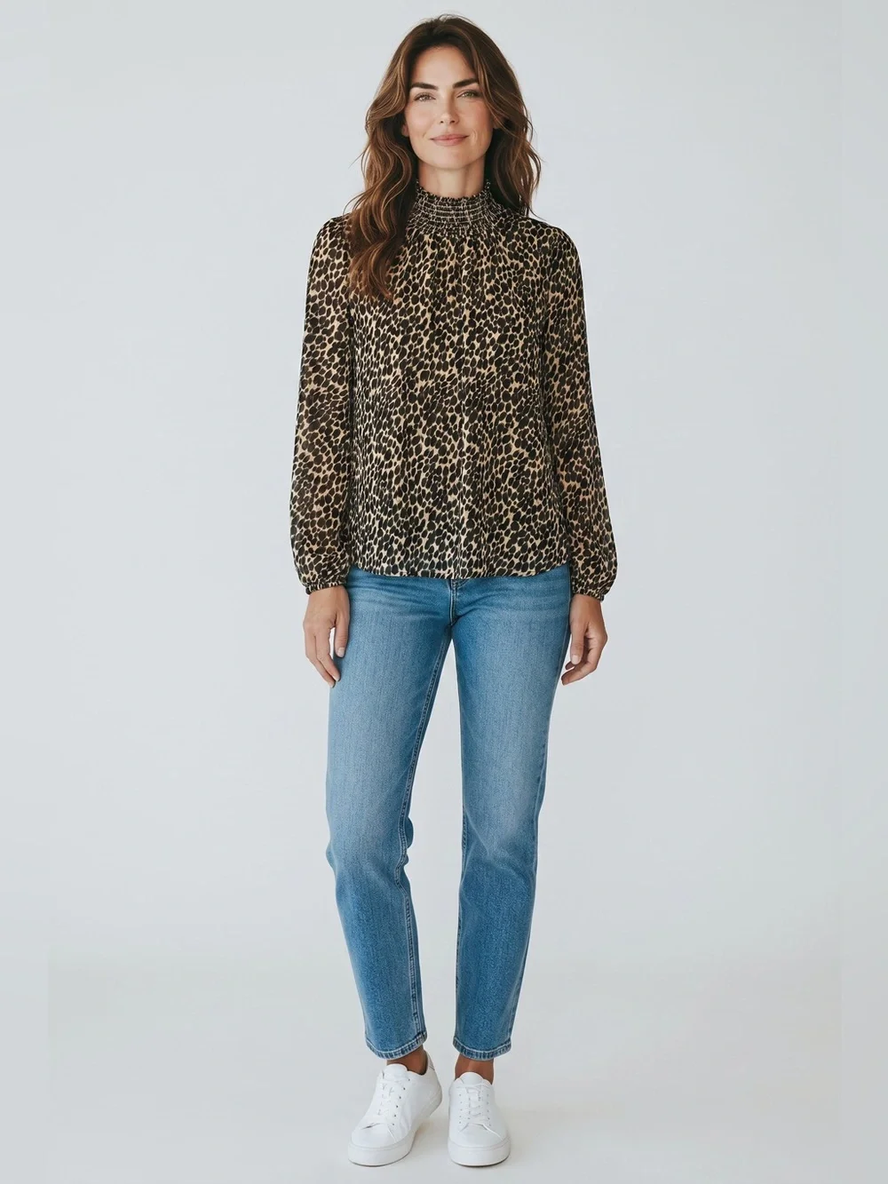 J. Crew Smocked Neck Leopard Print Blouse // Brown // Small